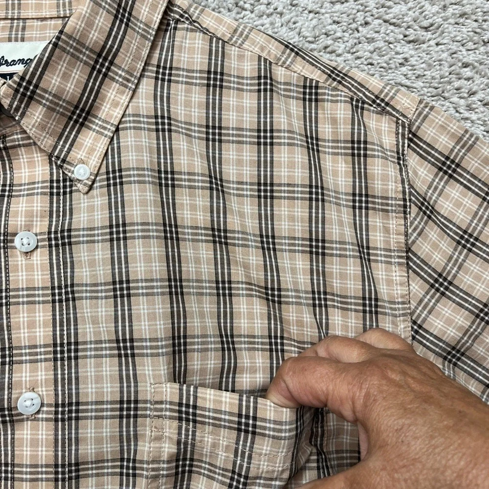 Wrangler Riata Button Down Shirt Mens Large Tall Tan Brown Plaid Long Sleeve EUC